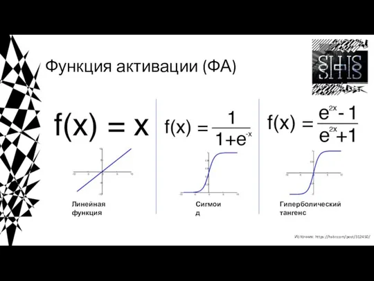 Функция активации (ФА) Источник: https://habr.com/post/312450/ Линейная функция Сигмоид Гиперболический тангенс