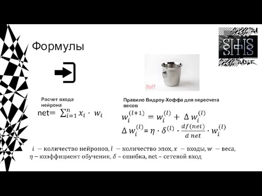 Формулы Расчет входа нейрона Правило Видроу-Хоффа для пересчета весов