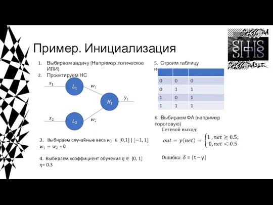 Пример. Инициализация Выбираем задачу (Например логическое ИЛИ) Проектируем НС 5. Строим таблицу