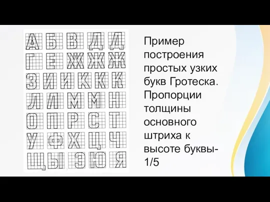 Пример построения простых узких букв Гротеска. Пропорции толщины основного штриха к высоте буквы- 1/5