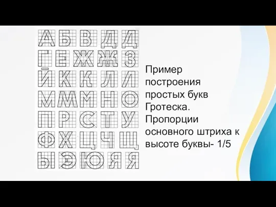 Пример построения простых букв Гротеска. Пропорции основного штриха к высоте буквы- 1/5