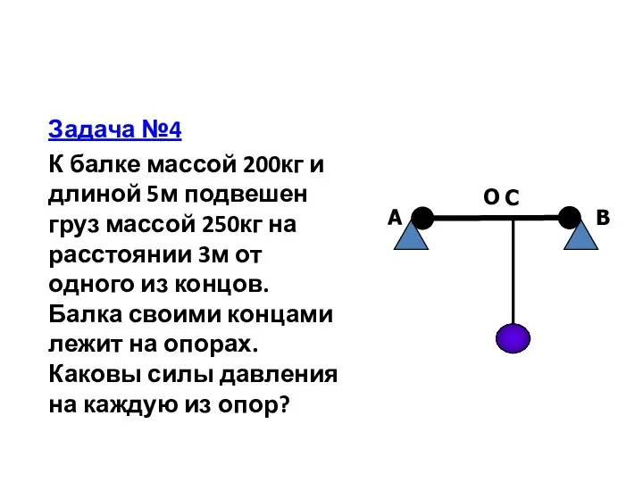 Задача №4 К балке массой 200кг и длиной 5м подвешен груз массой