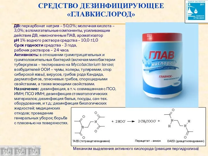 СРЕДСТВО ДЕЗИНФИЦИРУЮЩЕЕ «ГЛАВКИСЛОРОД» ДВ: перкарбонат натрия – 50,0%; молочная кислота – 3,0%;