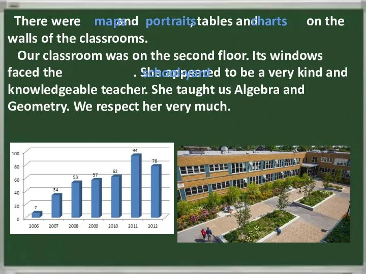 There were and , tables and on the walls of the classrooms.