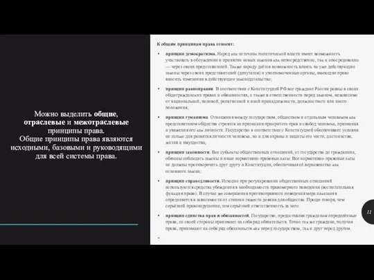 Можно выделить общие, отраслевые и межотраслевые принципы права. Общие принципы права являются