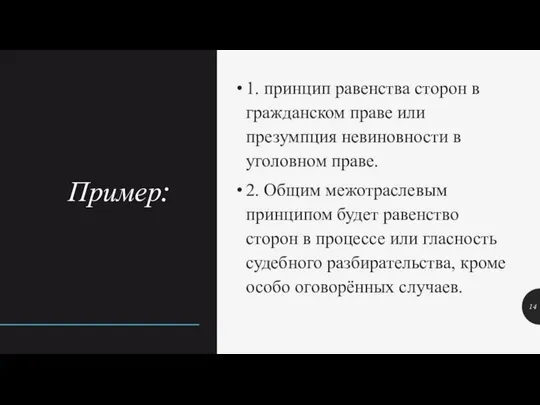 Пример: 1. принцип равенства сторон в гражданском праве или презумпция невиновности в