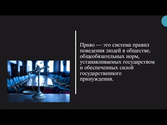 Право — это система правил поведения людей в обществе, общеобязательных норм, устанавливаемых