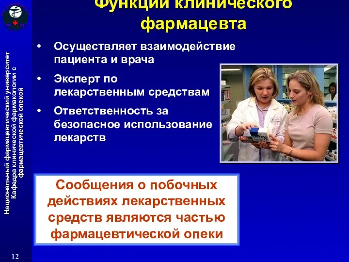 Осуществляет взаимодействие пациента и врача Эксперт по лекарственным средствам Ответственность за безопасное