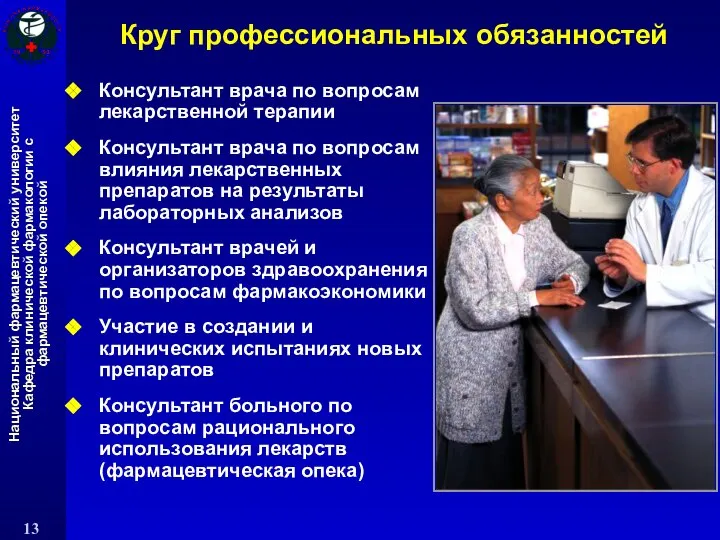 Круг профессиональных обязанностей Консультант врача по вопросам лекарственной терапии Консультант врача по