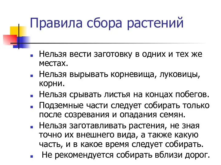 Правила сбора растений Нельзя вести заготовку в одних и тех же местах.