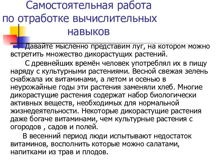 Самостоятельная работа по отработке вычислительных навыков Давайте мысленно представим луг, на котором