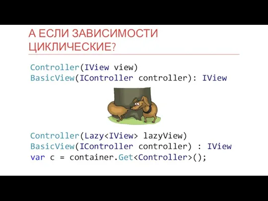 Controller(IView view) BasicView(IController controller): IView А ЕСЛИ ЗАВИСИМОСТИ ЦИКЛИЧЕСКИЕ? Controller(Lazy lazyView) BasicView(IController