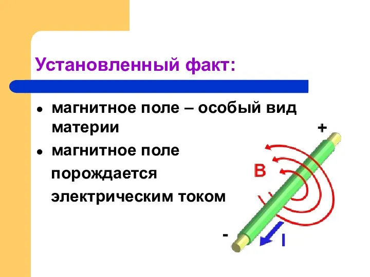 Установленный факт: магнитное поле – особый вид материи магнитное поле порождается электрическим током