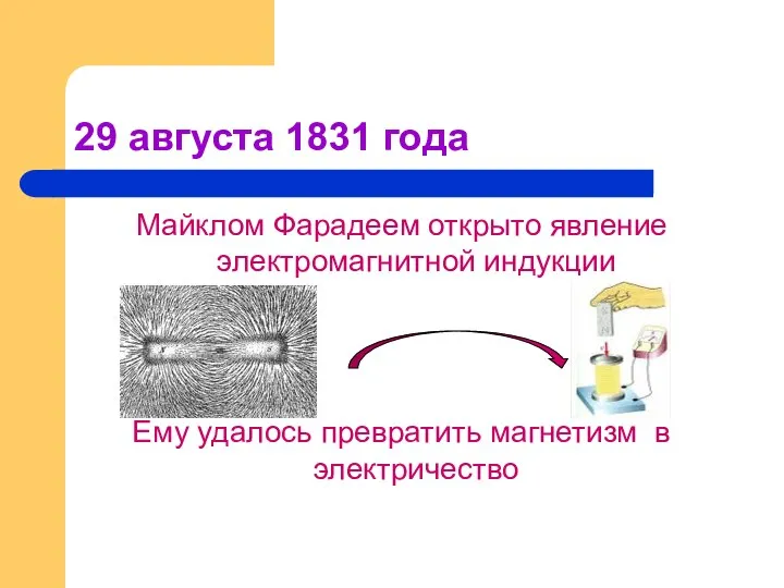 29 августа 1831 года Майклом Фарадеем открыто явление электромагнитной индукции Ему удалось превратить магнетизм в электричество