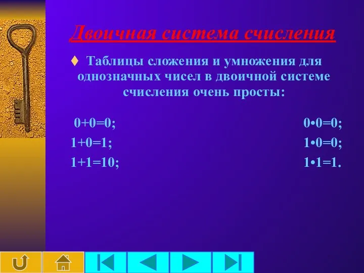 Двоичная система счисления Таблицы сложения и умножения для однозначных чисел в двоичной