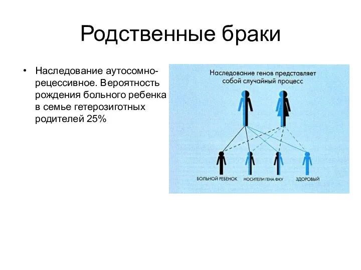 Родственные браки Наследование аутосомно-рецессивное. Вероятность рождения больного ребенка в семье гетерозиготных родителей 25%