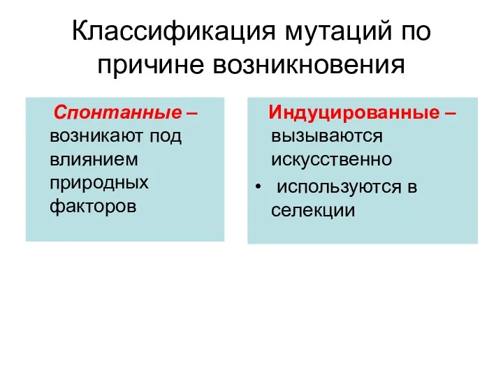 Классификация мутаций по причине возникновения Спонтанные – возникают под влиянием природных факторов