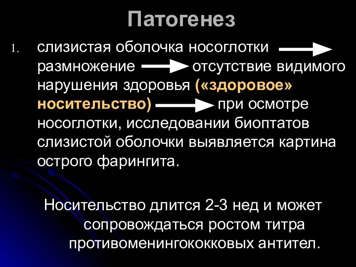 Патогенез слизистая оболочка носоглотки размножение отсутствие видимого нарушения здоровья («здоровое» носительство) при