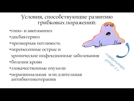 Условия, способствующие развитию грибковых поражений: гипо- и авитаминоз дисбактериоз чрезмерная потливость перенесенные