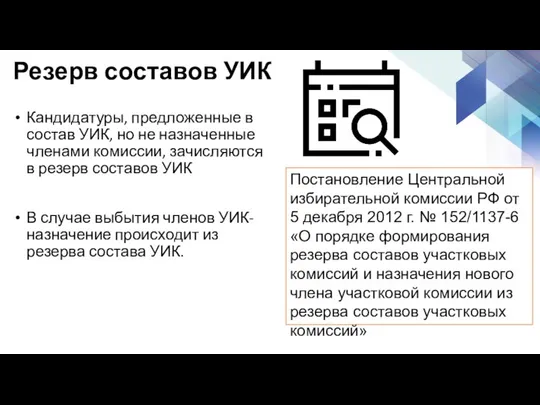 Резерв составов УИК Кандидатуры, предложенные в состав УИК, но не назначенные членами