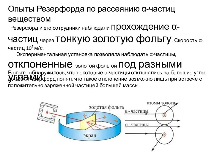 Опыты Резерфорда по рассеянию α-частиц веществом Резерфорд и его сотрудники наблюдали прохождение