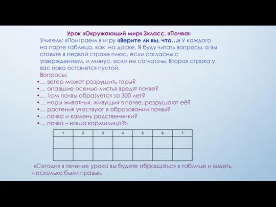 Урок «Окружающий мир» 3класс, «Почва» Учитель: «Поиграем в игру «Верите ли вы,