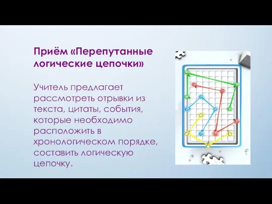 Приём «Перепутанные логические цепочки» Учитель предлагает рассмотреть отрывки из текста, цитаты, события,