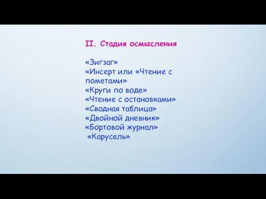 II. Стадия осмысления «Зигзаг» «Инсерт или «Чтение с пометами» «Круги по воде»