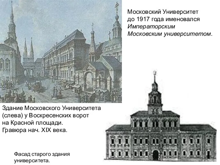 Фасад старого здания университета. Московский Университет до 1917 года именовался Императорским Московским