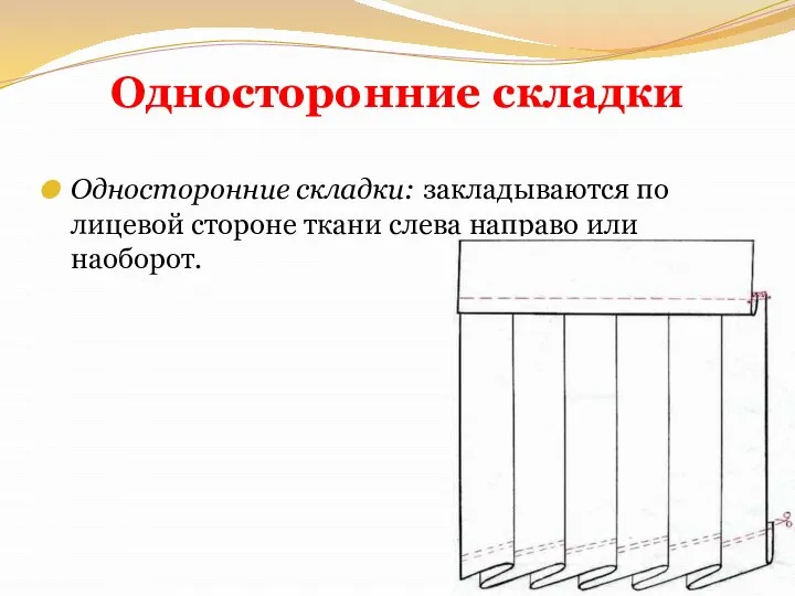 Односторонние складки Односторонние складки: закладываются по лицевой стороне ткани слева направо или наоборот.