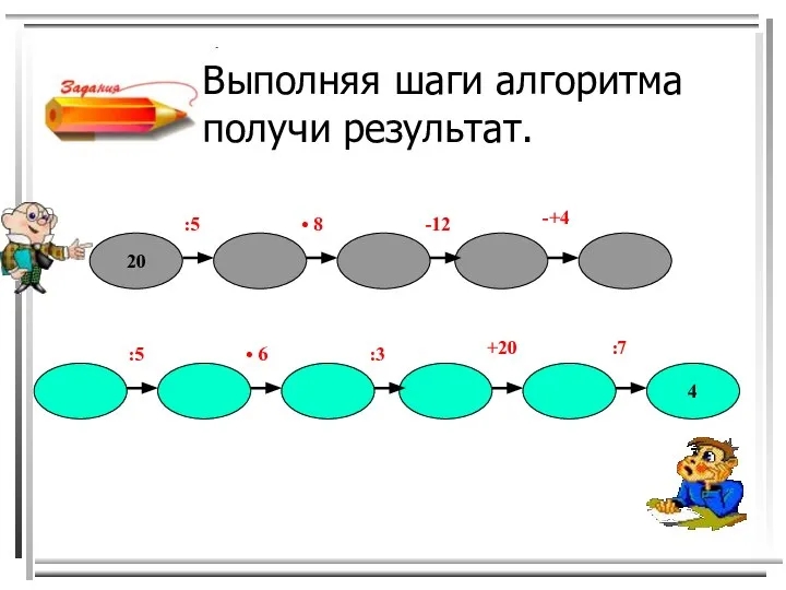 Выполняя шаги алгоритма получи результат. 4 :5 • 6 :3 +20 :7