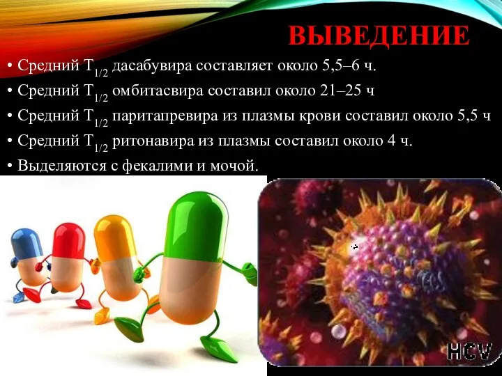 ВЫВЕДЕНИЕ Средний T1/2 дасабувира составляет около 5,5–6 ч. Средний T1/2 омбитасвира составил