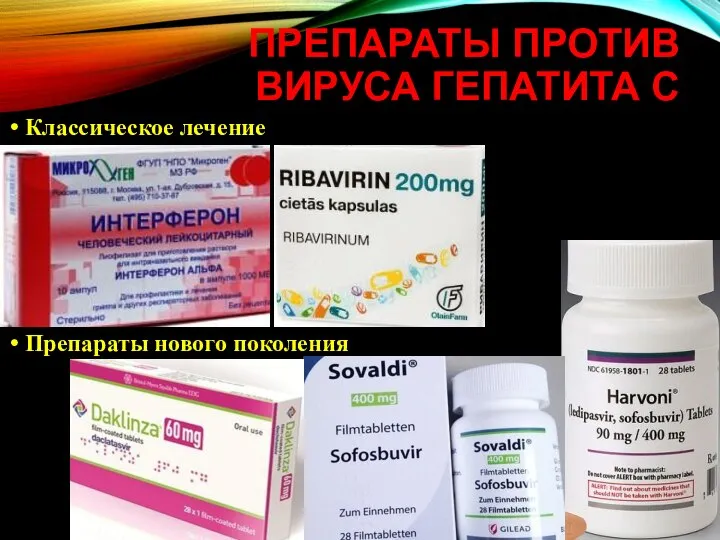 ПРЕПАРАТЫ ПРОТИВ ВИРУСА ГЕПАТИТА С Классическое лечение Препараты нового поколения