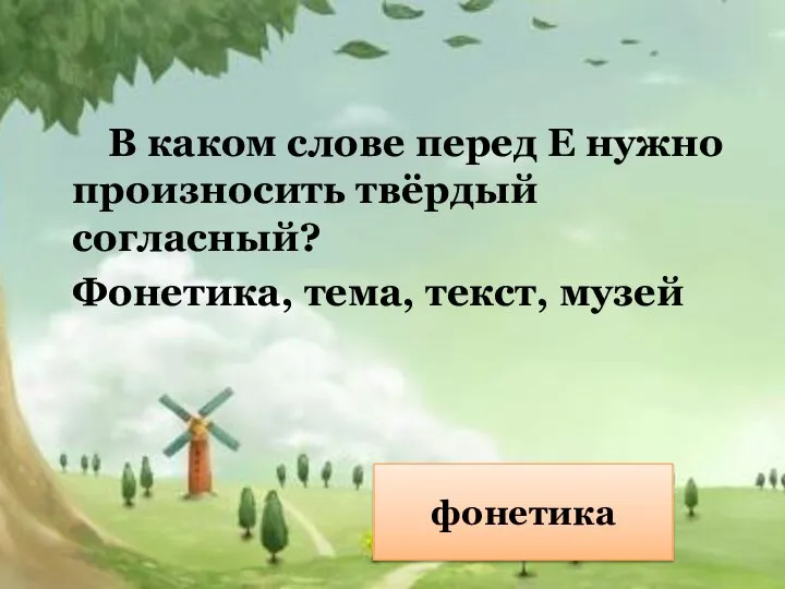 В каком слове перед Е нужно произносить твёрдый согласный? Фонетика, тема, текст, музей фонетика