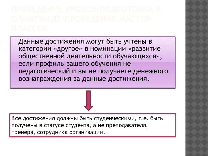 ПРОВЕДЕНИЕ УРОКОВ/ПОДГОТОВКА К ОЛИМПИАДЕ/ПРОВЕДЕНИЕ МАСТЕР-КЛАССОВ Данные достижения могут быть учтены в категории