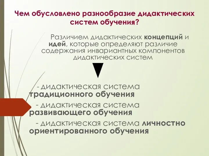 Чем обусловлено разнообразие дидактических систем обучения? Различием дидактических концепций и идей, которые