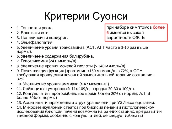 Критерии Суонси 1. Тошнота и рвота. 2. Боль в животе. 3. Полидипсия