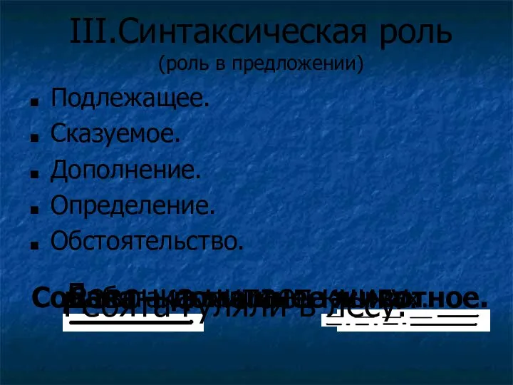 III.Синтаксическая роль (роль в предложении) Подлежащее. Сказуемое. Дополнение. Определение. Обстоятельство. Девочка читает