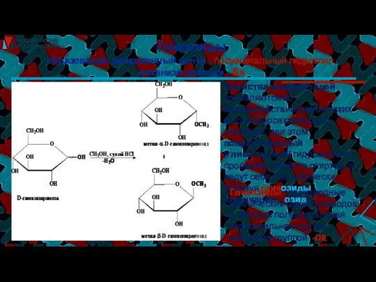 Гликозиды образование: реакционный центр - полуацетальный гидроксил, механизм реакции - SN Свойства
