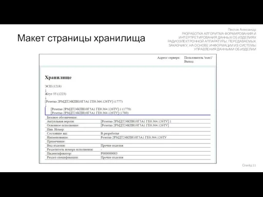 Макет страницы хранилища Пестов Александр РАЗРАБОТКА АЛГОРИТМА ФОРМИРОВАНИЯ И ИНТЕРПРЕТИРОВАНИЯ ДАННЫХ ОБ