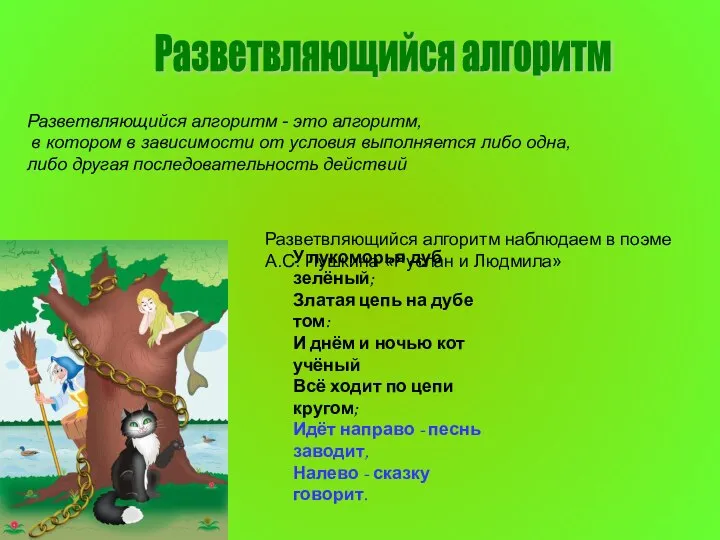 Разветвляющийся алгоритм Разветвляющийся алгоритм - это алгоритм, в котором в зависимости от