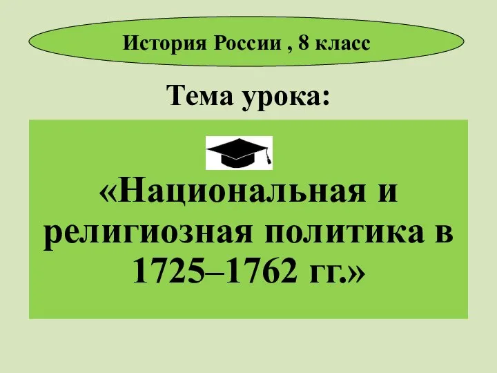 Тема урока: «Национальная и религиозная политика в 1725–1762 гг.» История России , 8 класс