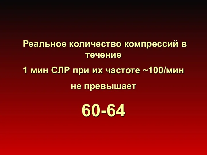 Реальное количество компрессий в течение 1 мин СЛР при их частоте ~100/мин не превышает 60-64