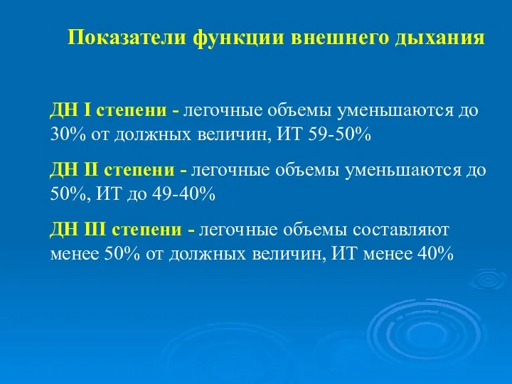 ДН I степени - легочные объемы уменьшаются до 30% от должных величин,