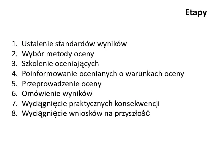 Etapy Ustalenie standardów wyników Wybór metody oceny Szkolenie oceniających Poinformowanie ocenianych o