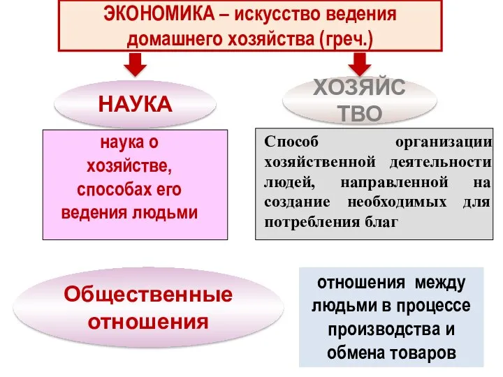 ЭКОНОМИКА – искусство ведения домашнего хозяйства (греч.) НАУКА ХОЗЯЙСТВО наука о хозяйстве,