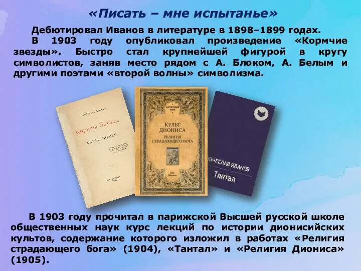 «Писать – мне испытанье» Дебютировал Иванов в литературе в 1898–1899 годах. В