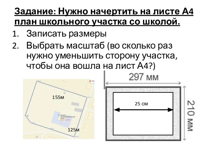 Задание: Нужно начертить на листе А4 план школьного участка со школой. Записать