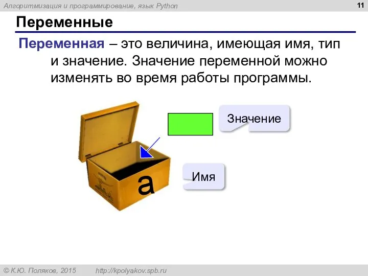 Переменные Переменная – это величина, имеющая имя, тип и значение. Значение переменной