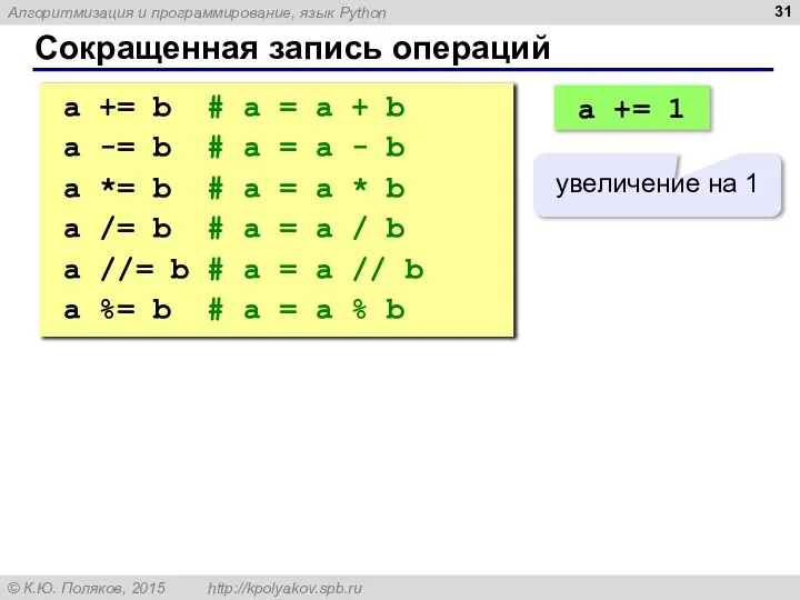 Сокращенная запись операций a += b # a = a + b